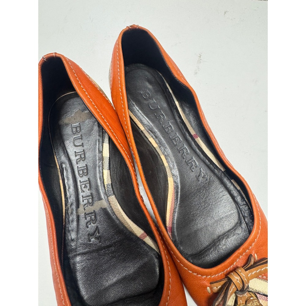 Burberry Orange Leather Nova Check Peep Toe Ballet Flats Bow‎ Charms Size 37 7 - Picture 3 of 10